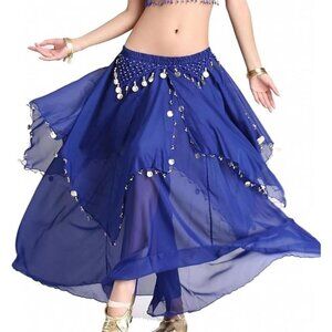 Women's Chiffon Belly Dance Skirt Indian Dance Navy Blue Costume with Coins